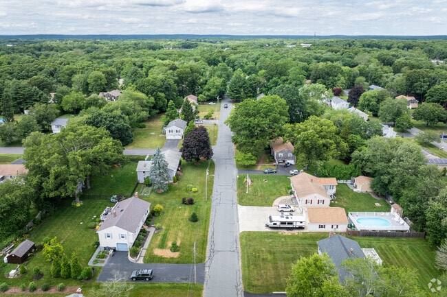 Aerial view of North Swansea neighborhood, where New England charm meets community spirit.