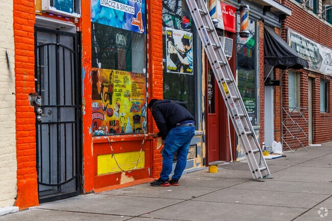 Storefronts in Northside are frequently re-painted in eye catching colors.