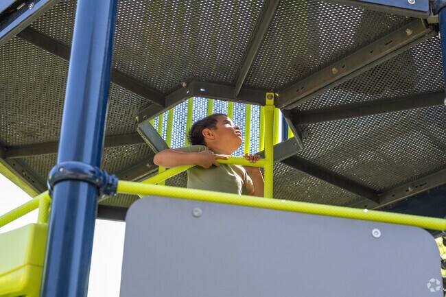 A young boy makes his way up through the playground at Ralph Foy Park.