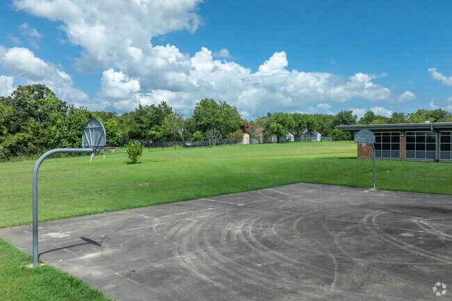 Anson Jones Elementary School students dribble and shoot hoops at School's basketball court.