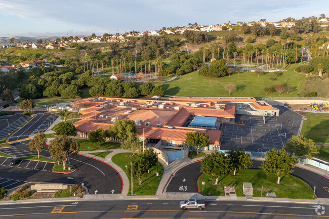 Elevated views of Clarence Lobo Elementary School and the surrounding landscape.