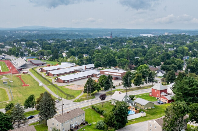 An aerial of the Fruit Street School in the Tree Streets neighborhood of Bangor, ME.