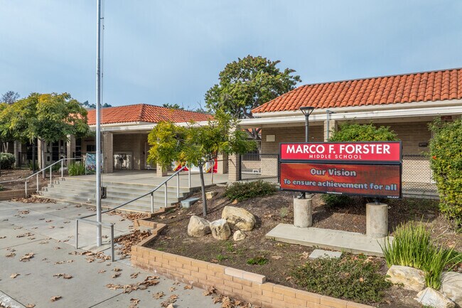 Marco Forster Middle School, serving Del Obispo families, offers a supportive learning environment with strong academics, extracurricular programs, and easy access to nearby parks and trails.