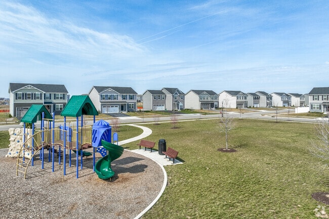 Newly built traditional homes line a park for a great amenity to Hampshire neighborhoods.