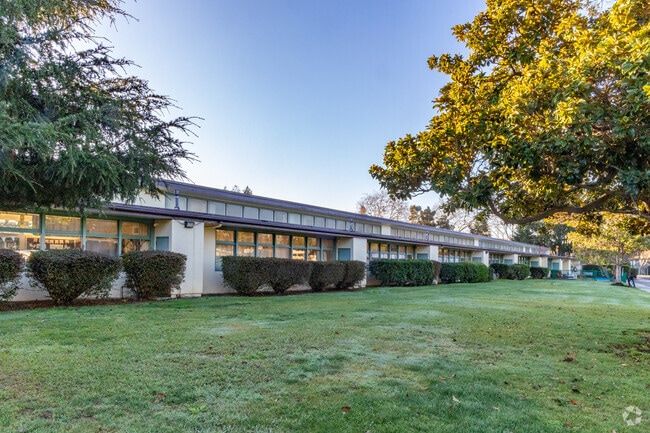 A view of the Duveneck Elementary School classrooms from the street in Palo Alto.