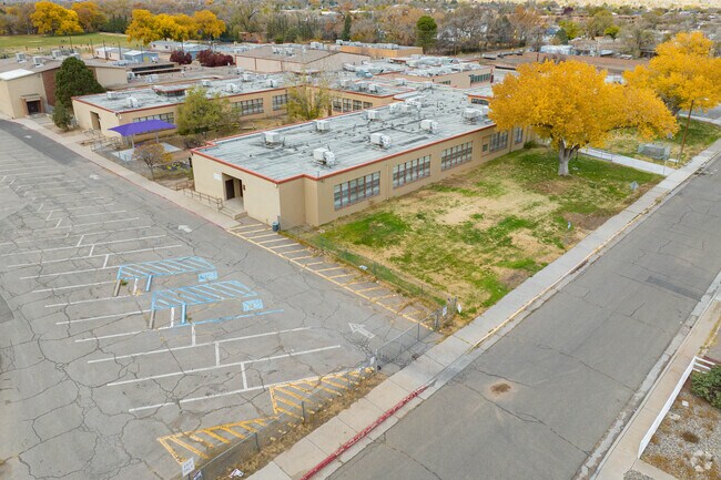 An aerial photograph of the side entrance of Garfield Middle School.
