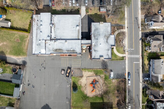 A sunny Spring-day look-down view on to Springfield's James Caldwell Elementary School.