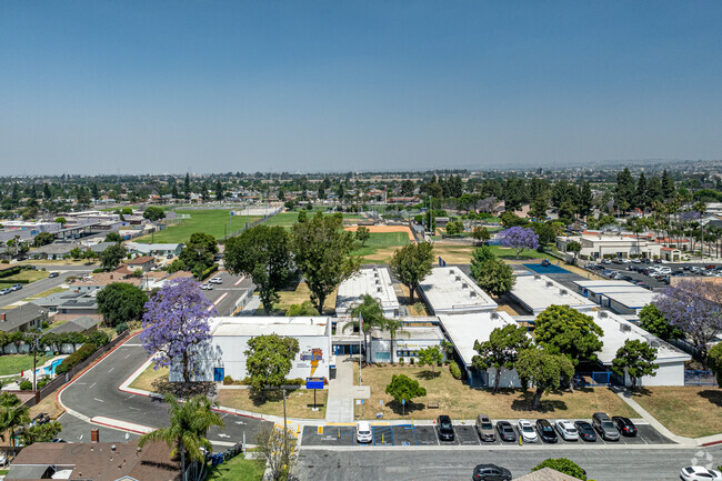 An aerial view of the front of the school at Valencia Academy of the Arts in Pico Rivera.