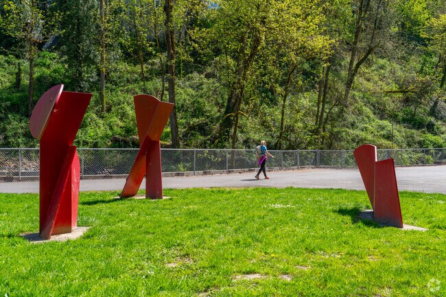 Colorful sculptures at Lower Macleay Park in Portland, OR.