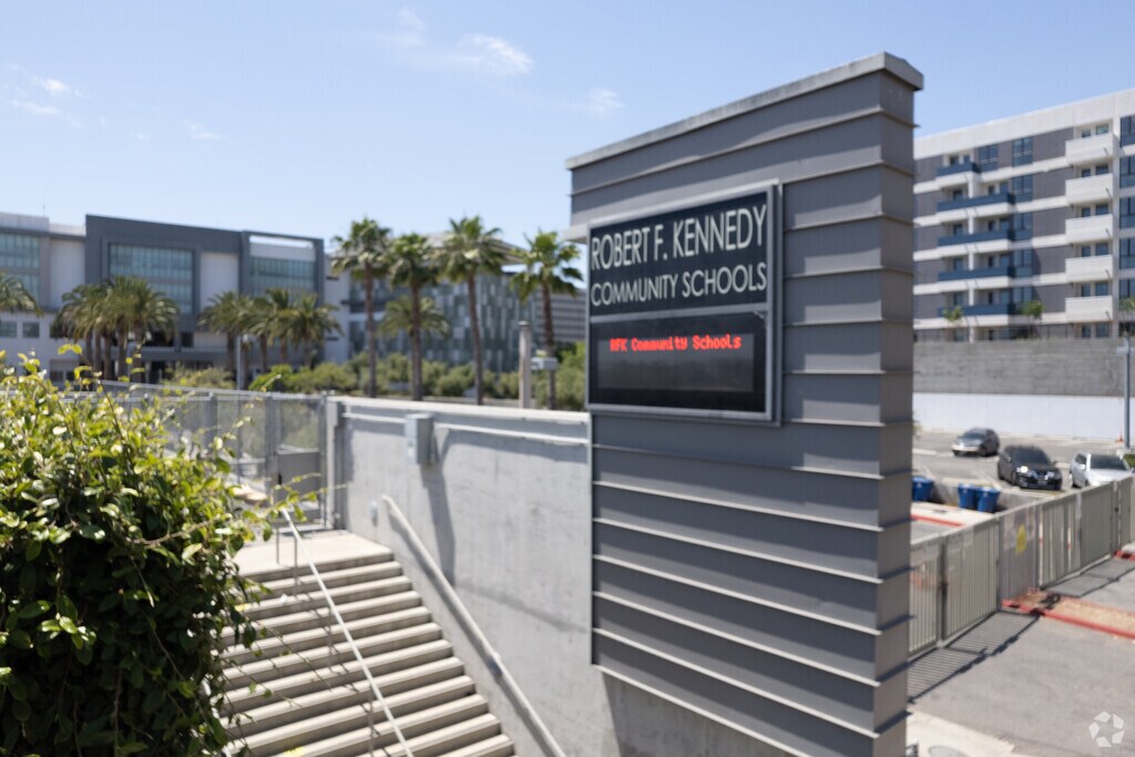 The Robert F. Community School has a digital entrance sign to display daily information.
