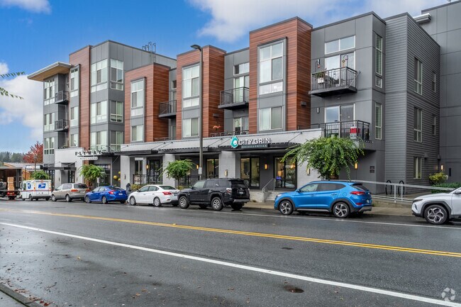 A row of townhomes with mixed commercial use on the ground level in Downtown Kenmore.