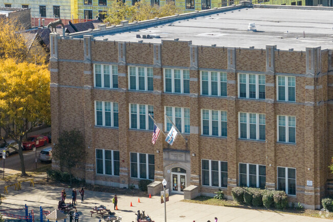 Uptown students enter William C. Goudy Technology Academy.