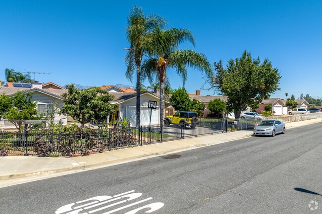 A row of single-family ranch homes are framed by palm trees in the picturesque Rio Rancho.
