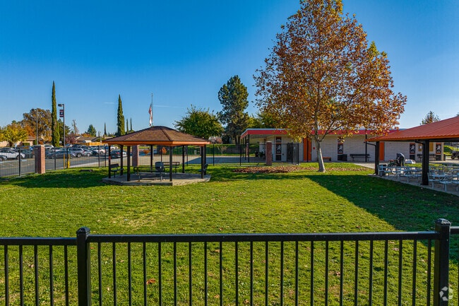 Shaded bench area provides students with a place to relax at Foothill High School.