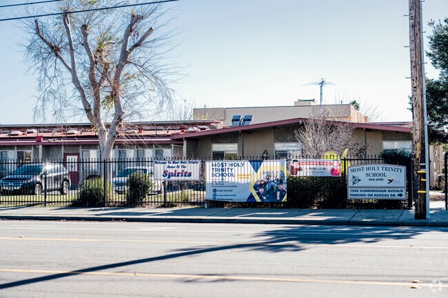 The main entrance of Most Holy Trinity School in San Jose, California.