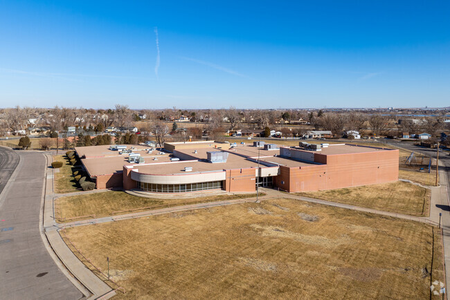 The front walkway and drop-off circle at Meadow Community school in Thornton, Colorado.