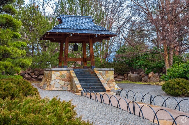 The lush Sasebo Japanese Gardens span four acres, and features a koi pond and waterfall.