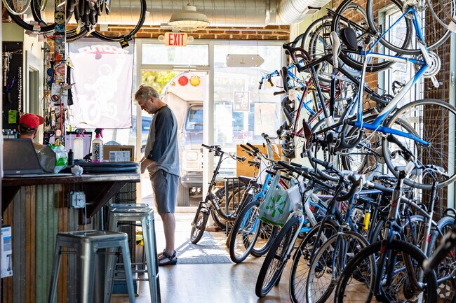 Northside cyclists visit Broom Wagon for repairs and bike accessories.