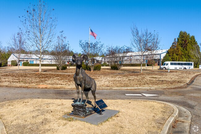 The school mascot statue stands in the front of Monsignor Donovan Catholic High School.