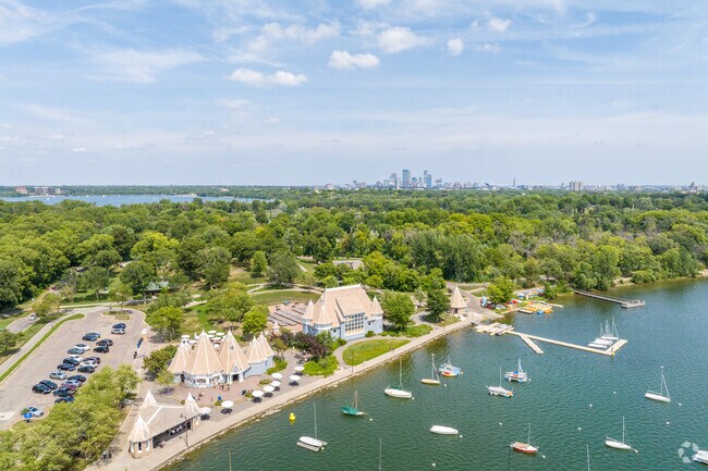 An overview of the Lake Harriet the bandshell in the Linden Hills neighborhood.