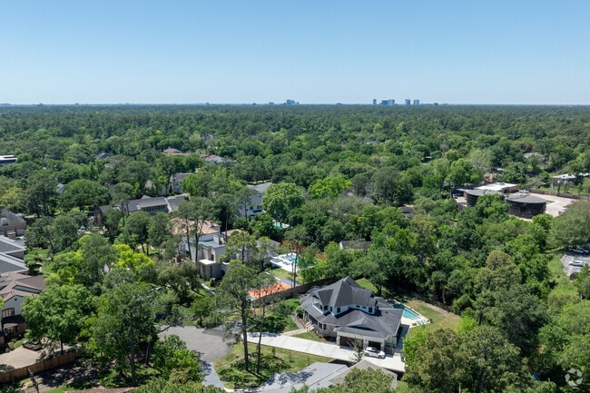 An aerial view showcases Piney Point Village's serene suburban landscape.