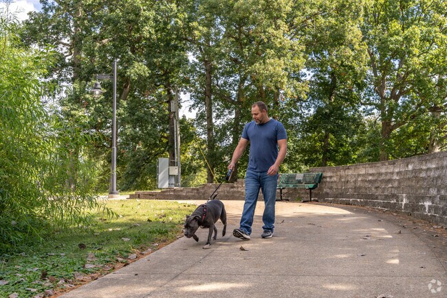A Fairview Park visitor enjoys a walk with his dog.