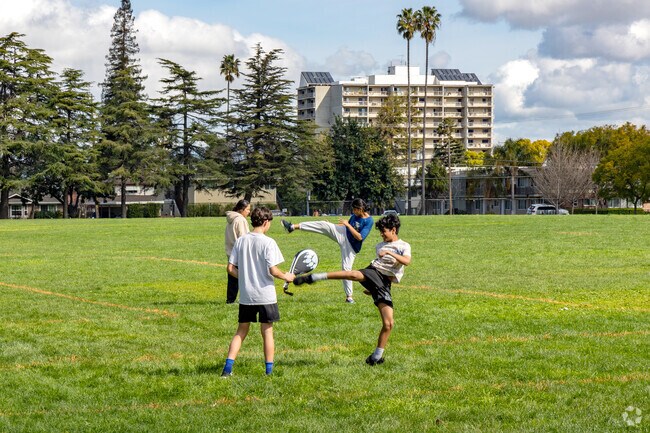 Grass fields at Campbell Community Center are perfect for kick boxing in Downtown Campbell.