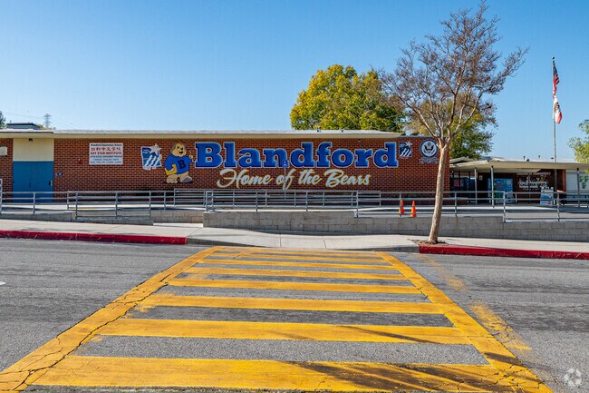 The crosswalk at the entrance to Blandford Elementary School