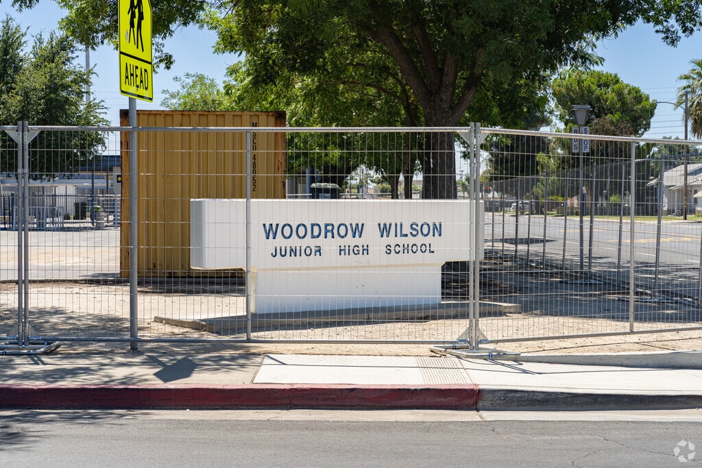 The Woodrow Wilson Junior High School concrete sign welcomes students to the campus.