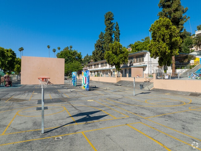 Huntington Drive Elementary School playground is located in front of the classrooms.