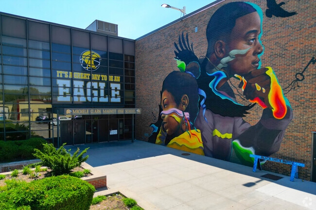 Students are welcomed with a colorful mural at Michele Clark Academic Prep Magnet High School.