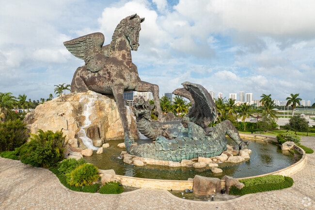 Vibrant sculptures stand out near Hallandale Beach City Center.