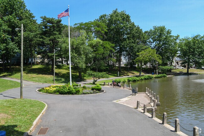 Walking path around the lake at West Hudson Park in Harrison.