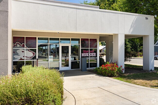 A large mural on the entry windows of Highland Elementary School features school mascot.