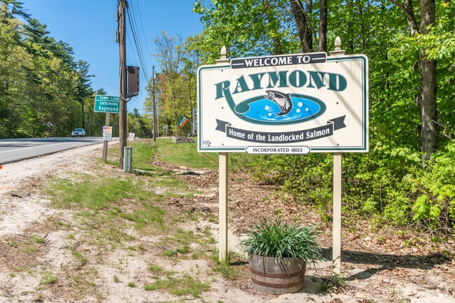 This Welcome to Raymond sign greets visitors at the Raymond town line.