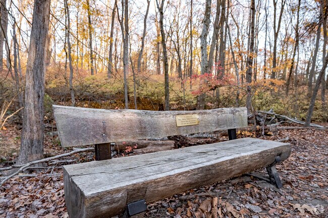 Custom wooden benches adorn the walking trails at Mianus Park just outside of Turn of the River.