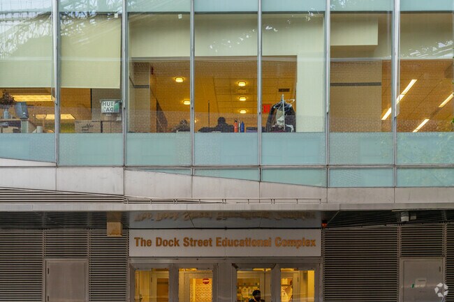 Entrance to Dock Street School for STEM Studies is located on Dock St.