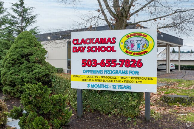 A large sign sits in front of Clackamas Day School on SE 82nd Dr in Clackamas.