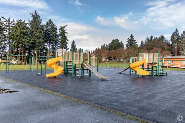 Harney Elementary School has a coushand play area for the play structures and swings.