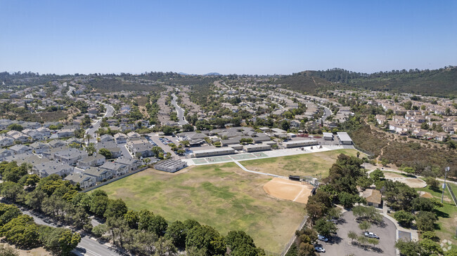 An elevated view of the playing fields at Dingeman Elementary School.