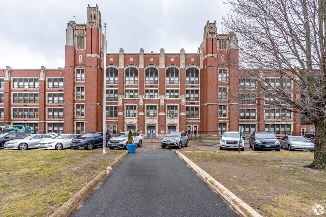 The main entrance to Mount Pleasant High School in Mount Pleasant, Providence.