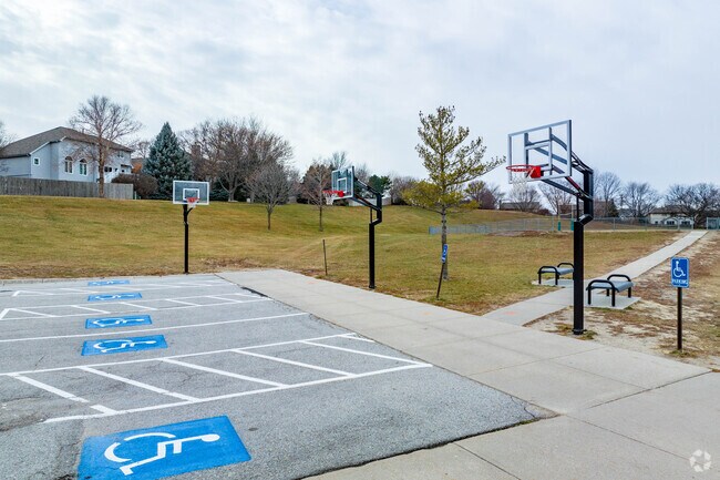 You will find basketball hoops behind Russell Middle School.