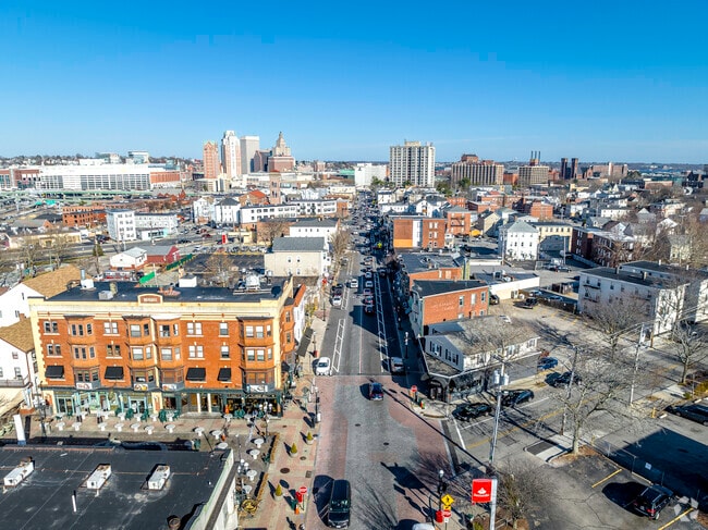 A view of Atwells Avenue from an aerial perspective in Federal Hill, Providence.