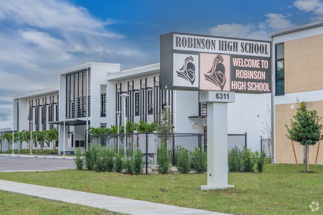 Robinson High School has a modern styled entrance.
