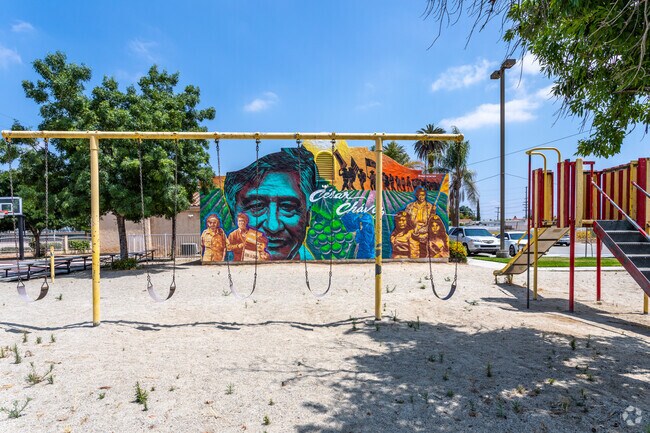 A colorful César Chavez mural provides a captivating backdrop at the Casa Blanca Home Services.