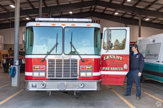 Levant Fire Rescue truck stands ready inside the town’s modern fire station.