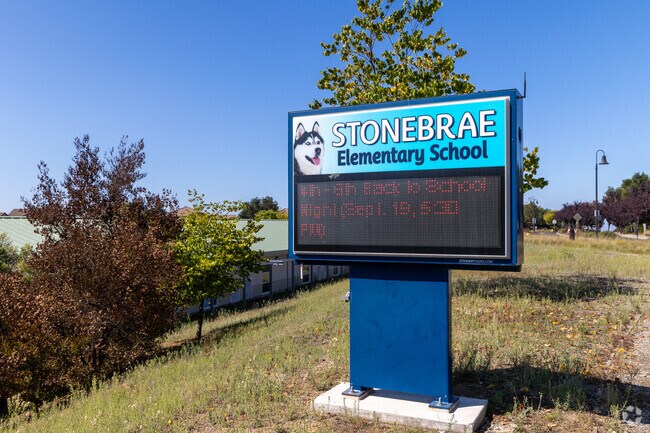 School sign of Stonebrae Elementary School among the hills in Hayward.