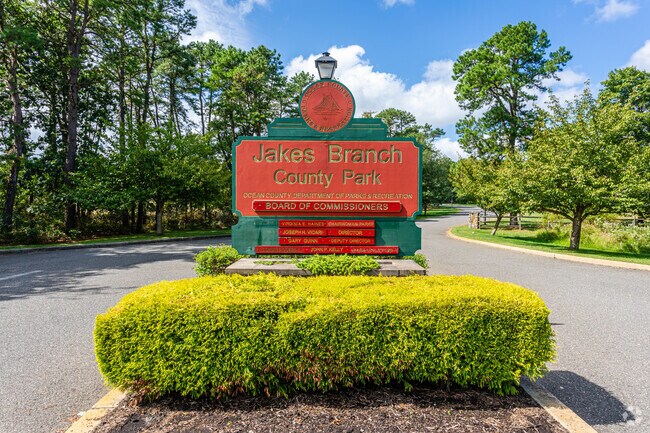 The Jakes Branch County Park sign sits at the foot of the park in Beachwood, NJ.