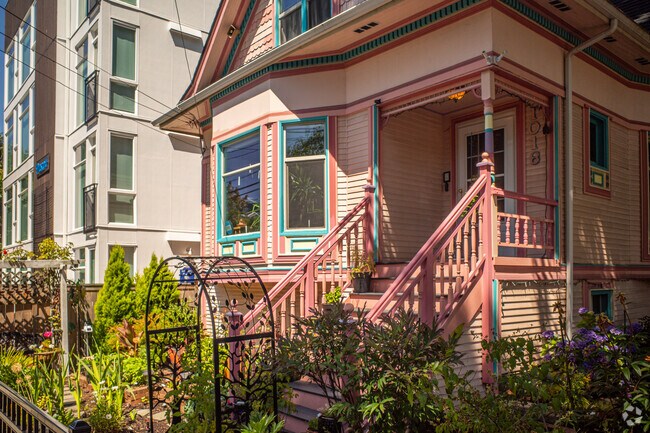 Ornate Victorian front porch in Capitol Hill neighborhood in Seattle.