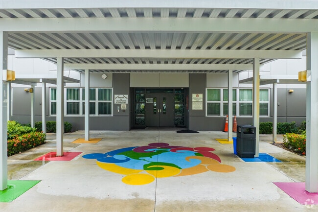 Colorful artwork at the entrance of Crosspointe Elementary School.